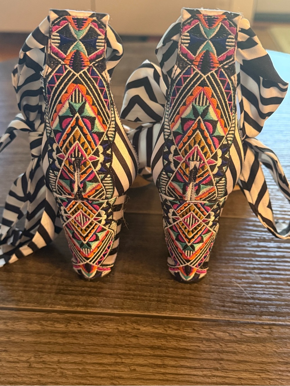 Embroidered Multicolor Striped Ankle Tie Heels - Women